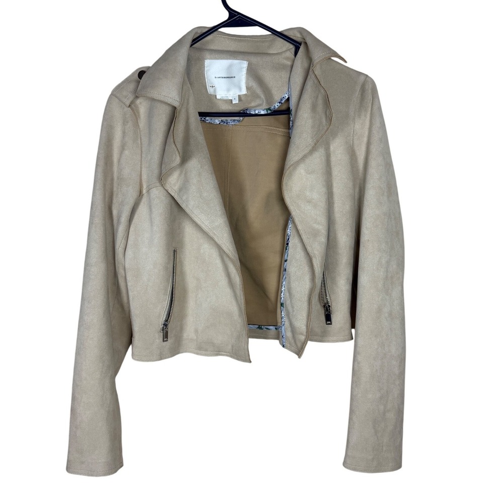 Anthropologie Faux Suede Moto Jacket Beige Cropped Open Front Floral Trim Small